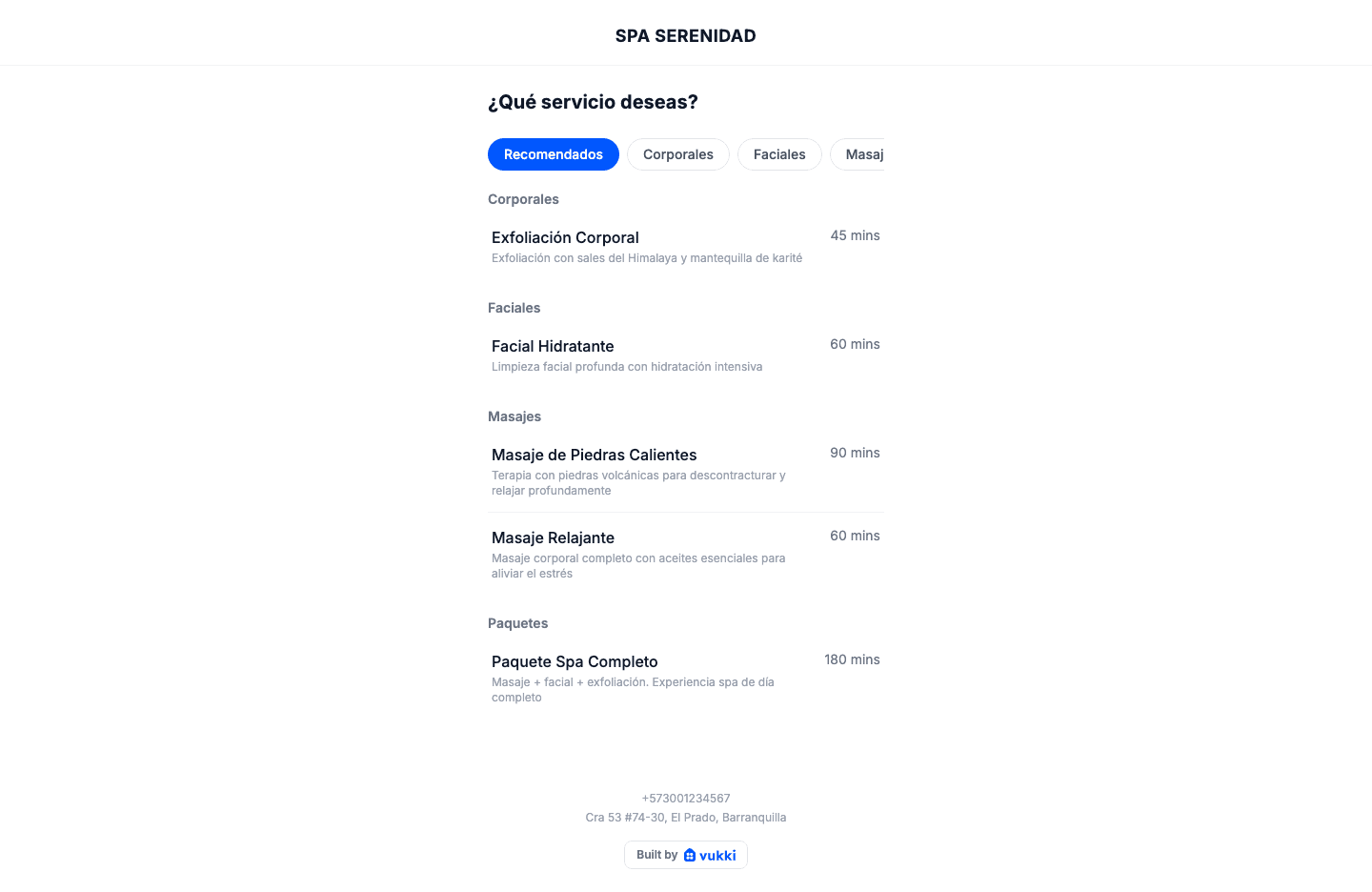 Pagina de reservas real de vukki - seleccion de servicios