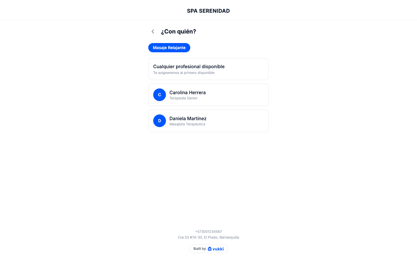 Seleccion de profesional en vukki